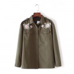 Retro ZA Floral Pattern Embroidery Jacket Epaulet Turn-down Collar Two Pockets Coat Trendy Women Outwear Top Military Army Green