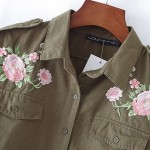 Retro ZA Floral Pattern Embroidery Jacket Epaulet Turn-down Collar Two Pockets Coat Trendy Women Outwear Top Military Army Green