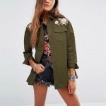 Retro ZA Floral Pattern Embroidery Jacket Epaulet Turn-down Collar Two Pockets Coat Trendy Women Outwear Top Military Army Green