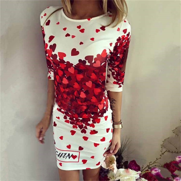 Robe 2016 New Hot Summer Dress Love Heart Print Bodycon Dress Women Party O-Neck half Sleeve Dress Fashion Casual Dresses