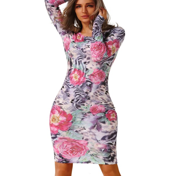 Robe Fashion Women's clothing Long Sleeve Knee Length Dresses Print Package hip sheath Sexy Club party bodycon O-neck Maxi Dress