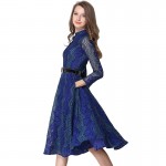 Robe Tunique Belted Fit And Flared Stand Collar Hollow Out Long Sleeve Lace Dress Women Jurken Vestidos Encaje Mujer 2016