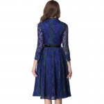 Robe Tunique Belted Fit And Flared Stand Collar Hollow Out Long Sleeve Lace Dress Women Jurken Vestidos Encaje Mujer 2016