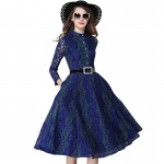 Robe Tunique Belted Fit And Flared Stand Collar Hollow Out Long Sleeve Lace Dress Women Jurken Vestidos Encaje Mujer 2016