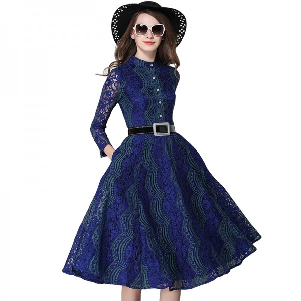 Robe Tunique Belted Fit And Flared Stand Collar Hollow Out Long Sleeve Lace Dress Women Jurken Vestidos Encaje Mujer 2016