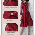 Robe Tunique Belted Fit And Flared Stand Collar Hollow Out Long Sleeve Lace Dress Women Jurken Vestidos Encaje Mujer 2016