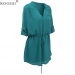 Rogesi 2016  Fashion Autumn Women Dress V-Neck Front Pocket With Belt Suitable for any occasion