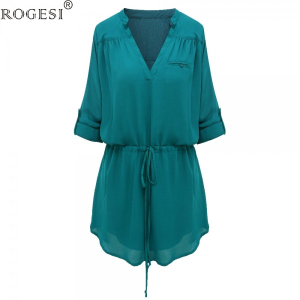 Rogesi 2016  Fashion Autumn Women Dress V-Neck Front Pocket With Belt Suitable for any occasion