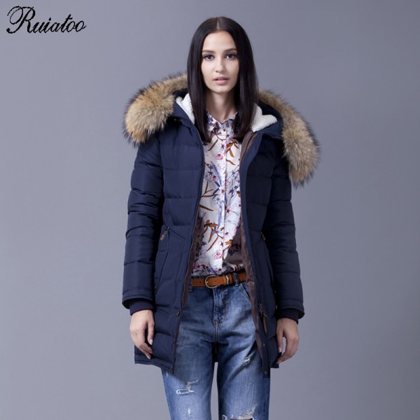 Ruiatoo Winter Jacket Womem Natural Raccoon Fur Coat 90% Down Parkas Thick Female Hooded Outwear Long Detachable Warm Outwear