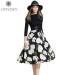 Runway Dresses 2017 Women High Quality Pladi Floral Print Black Knitted A Line Dress Ethnic Spring Autumn Vestido De Festa