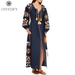 Runway Dresses 2017 Women High Quality Vintage Ethnic Geometric Embroidery Long Maxi Dress Autumn Long Sleeve A Line Vestidos