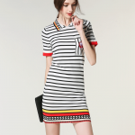 Runway Dresses Sen female summer new classic POLO collar short-sleeved black white striped dress woman Cubs SK-007