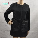 Russian famous TaoVK fashion 2016 women long section coat Black Faux Fur Pocket O-neck wool coat