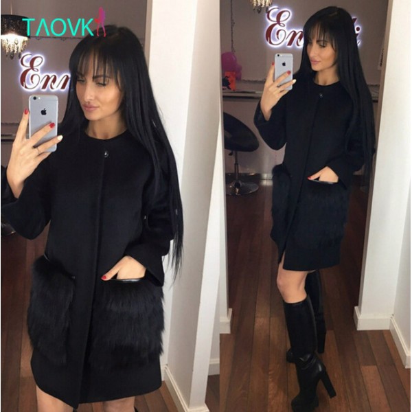 Russian famous TaoVK fashion 2016 women long section coat Black Faux Fur Pocket O-neck wool coat