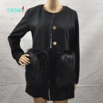 Russian famous TaoVK fashion 2016 women long section coat Black Faux Fur Pocket O-neck wool coat