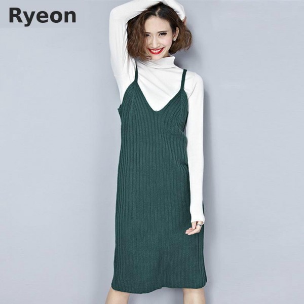 Ryeon Spring Knitted Jumper Dress Sweater Dress Preppy V-neck Retro Solid Color Midi Ladies Sweat Dress Slip Dress