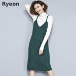 Ryeon Spring Knitted Jumper Dress Sweater Dress Preppy V-neck Retro Solid Color Midi Ladies Sweat Dress Slip Dress