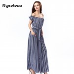 Ryseleco Off shoulder vertical strip print chiffon summer long dress women 2017 style sexy button up splits beach maxi vestidos