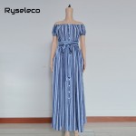 Ryseleco Off shoulder vertical strip print chiffon summer long dress women 2017 style sexy button up splits beach maxi vestidos