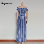 Ryseleco Off shoulder vertical strip print chiffon summer long dress women 2017 style sexy button up splits beach maxi vestidos