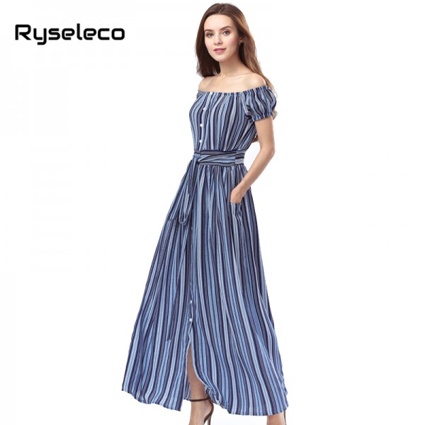 Ryseleco Off shoulder vertical strip print chiffon summer long dress women 2017 style sexy button up splits beach maxi vestidos