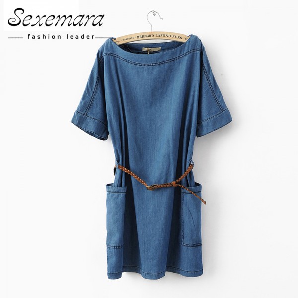 S-XXXL Summer Women Slim Jean Dress Causal Mini Straight Denim Dress Lady Half Sleeve Female Cowboys Dresses With Belt