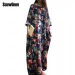 SCUWLINEN 2017 Spring Dress National Trend Vintage Print Long Sleeve Plus Size Robe Loose Casual Maxi Linen Women's Dress S220