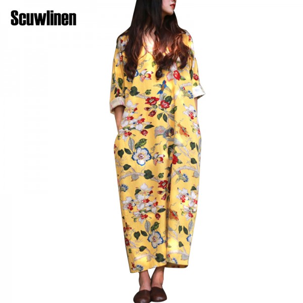 SCUWLINEN 2017 Summer Dress National Trend Women's Vintage V-neck Loose Linen Dress Plus Size Fluid Print Large Size Full Dress