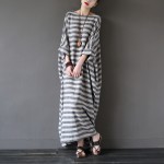 SCUWLINEN 2017 Summer Dresses Vintage Striped Batwing Sleeve Robe Maxi Long Loose Plus Size Women Dress Casual Linen Dress S193