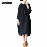 SCUWLINEN 2018 Spring Autumn Dress 100% Cotton Women Dress Vestidos Loose Fleece Thickening Turtleneck Long-sleeve Long Robe S60