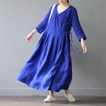 SCUWLINEN Vestidos 2017 New Spring Dresses Solid Vintage V-neck Three Quarter Long Linen Dress Women Casual Sexy Robe S303