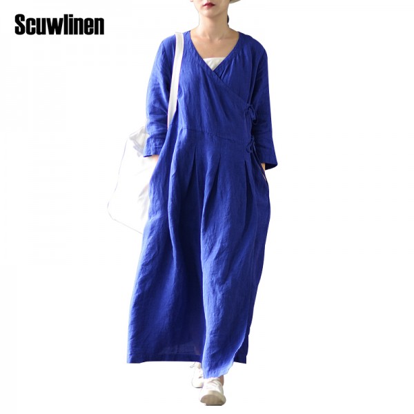 SCUWLINEN Vestidos 2017 New Spring Dresses Solid Vintage V-neck Three Quarter Long Linen Dress Women Casual Sexy Robe S303