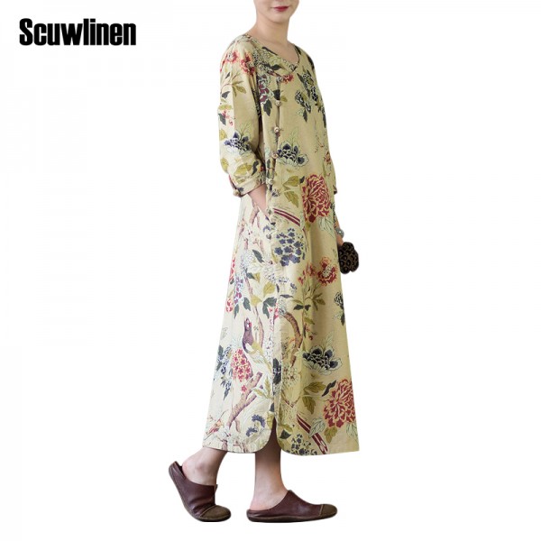 SCUWLINEN Vestidos 2017 Spring Autumn Women Dress Chinese Robes Vintage Print Plus Size Linen Dress Long Maxi Dress S30