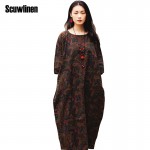 SCUWLINEN Vestidos 2017 Summer Dress Vintage Print Long Plus Size Linen Dress Casual Loose Print Robe Women Party Dress