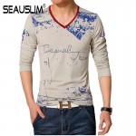 SEAUSLIM Spring Autumn Men T-shirt Long Sleeve V-neck Men Cotton Tees Tops Men Print Casual T-shirt Plus size S- 5XL Q-SHYR-1