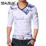 SEAUSLIM Spring Autumn Men T-shirt Long Sleeve V-neck Men Cotton Tees Tops Men Print Casual T-shirt Plus size S- 5XL Q-SHYR-1