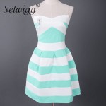 SETWIGG Summer Fashion Sexy Strapless Short Dress Sweet Blue/White Striped Patchwork Dobby Stretch Pleated Bud Mini Dress SG155 