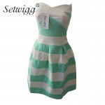 SETWIGG Summer Fashion Sexy Strapless Short Dress Sweet Blue/White Striped Patchwork Dobby Stretch Pleated Bud Mini Dress SG155 