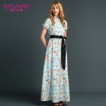 S.FLAVOR Brand women casual dress 2017 Newest turn down collar printing elegant long vestdos with button waist loose long dress