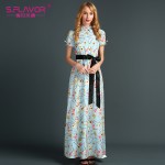 S.FLAVOR Brand women casual dress 2017 Newest turn down collar printing elegant long vestdos with button waist loose long dress