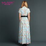 S.FLAVOR Brand women casual dress 2017 Newest turn down collar printing elegant long vestdos with button waist loose long dress