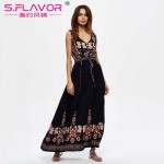 S.FLAVOR Brand women summer long dress Bohemian style sleeveless V-neck printing casual dress formale casual elegant vestidos