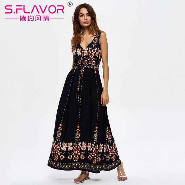 S.FLAVOR Brand women summer long dress Bohemian style sleeveless V-neck printing casual dress formale casual elegant vestidos