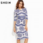 SHEIN Spring Print Dress Women Dresses Blue and White Porcelain Round Neck Three Quarter Length Sleeve Midi Bodycon Pencil Dress