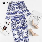 SHEIN Spring Print Dress Women Dresses Blue and White Porcelain Round Neck Three Quarter Length Sleeve Midi Bodycon Pencil Dress