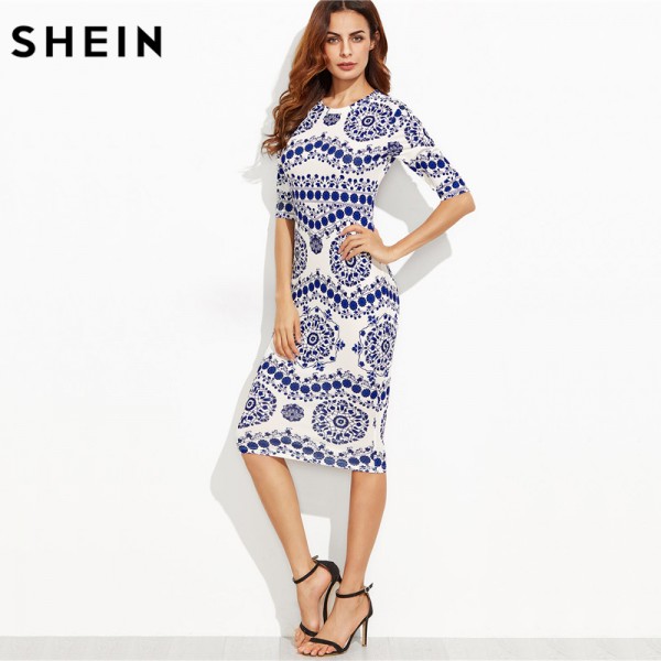 SHEIN Spring Print Dress Women Dresses Blue and White Porcelain Round Neck Three Quarter Length Sleeve Midi Bodycon Pencil Dress