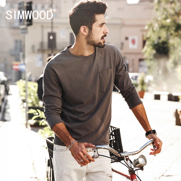 SIMWOOD 2017 New Spring  T shirts  Men Long sleeve  100% Pure Cotton Fashion Brand Clothing  Slim Fit Plus Size TL3512