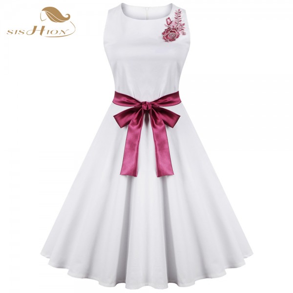 SISHION 50s 60s Vintage Dress Hepburn Retro Swing Sleeveless Party Gown Plus Size Elegant Women Summer White Dresses VD0274