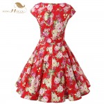 SISHION Casual Women Dress Summer Short Sleeve Tunic Retro Vintage 50s 60s Big Swing Midi Red Floral Dresses Plus Size VD0238