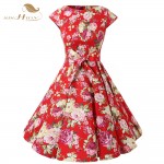 SISHION Casual Women Dress Summer Short Sleeve Tunic Retro Vintage 50s 60s Big Swing Midi Red Floral Dresses Plus Size VD0238